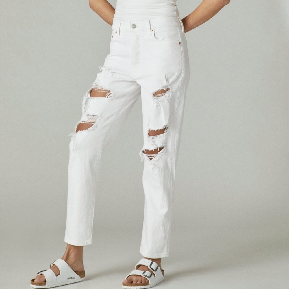 Lucky Brand Drew Mom High Rise Taper Jeans Size 6/28 White Ripped Button Fly